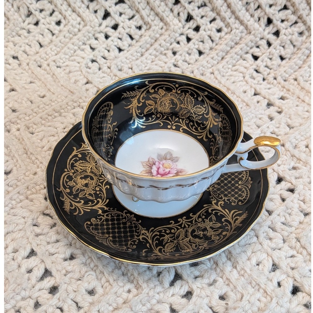 Vintage Shafford Teacup Saucer Set Black Gold Gilt Pink Rose Footed Porcelain